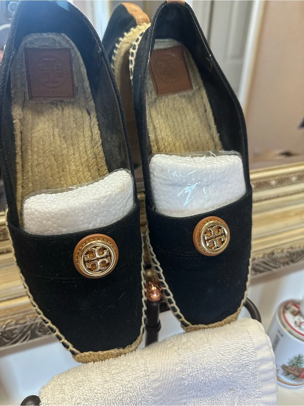 Tory Burch Black Canvas Espadrille Loafers with Gold Logo Medallion
